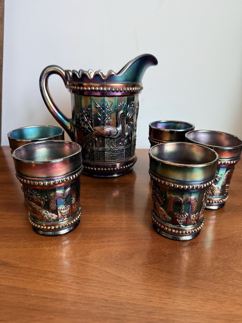 Antique Northwood Carnival Glass Peacock At The Fountain Pitcher & Tumblers Set